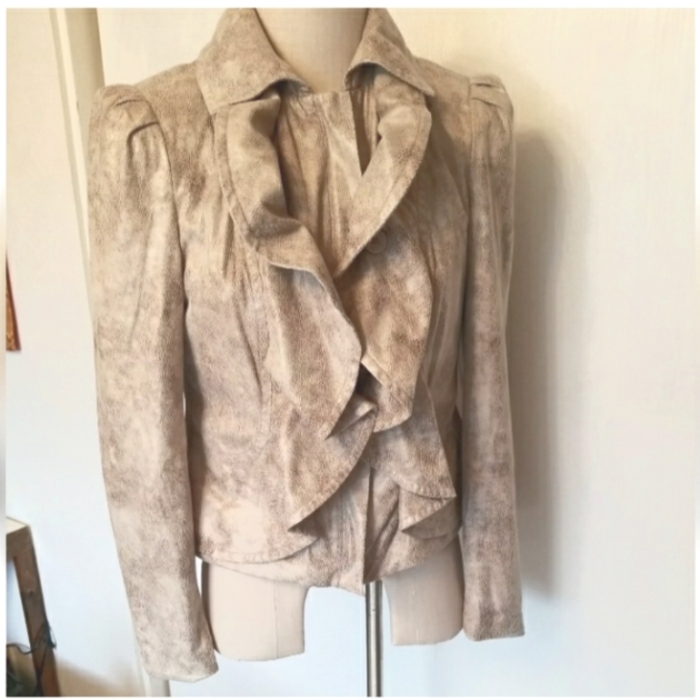 INC International Concepts moto cream and tan faux snakeskin ruffle jack…